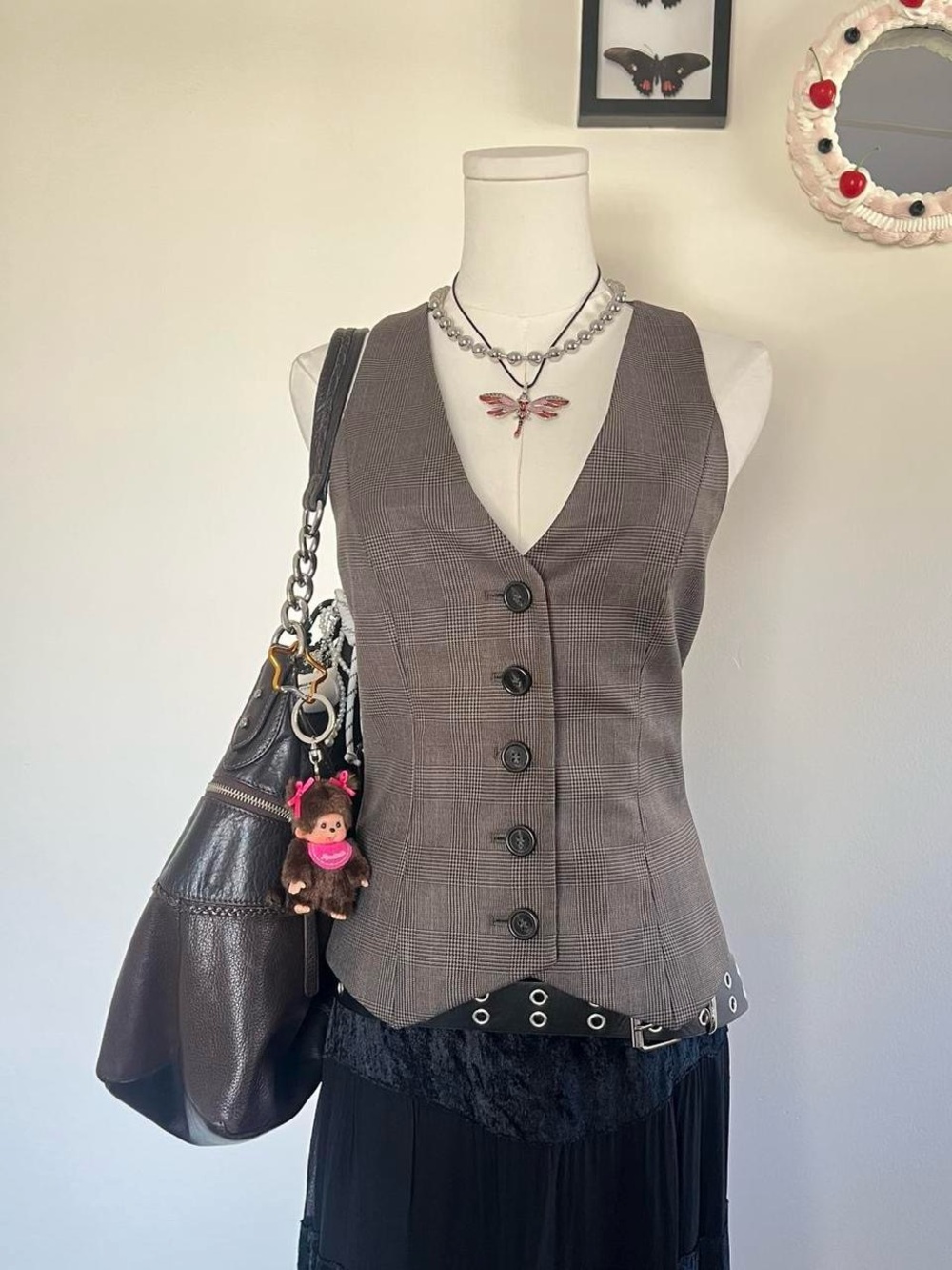 Nine West Brown Plaid Tailored Button-Front Vest